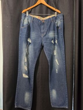 Men's VTG Fashion Jeans Straight Fit Distressed Dark Blue